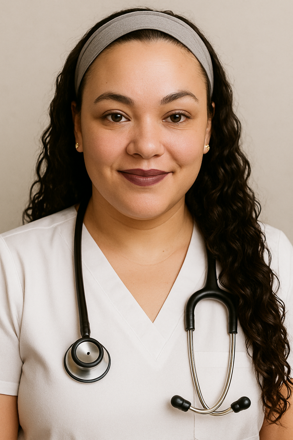 Person wearing a white coat with a stethoscope around their neck against a neutral background