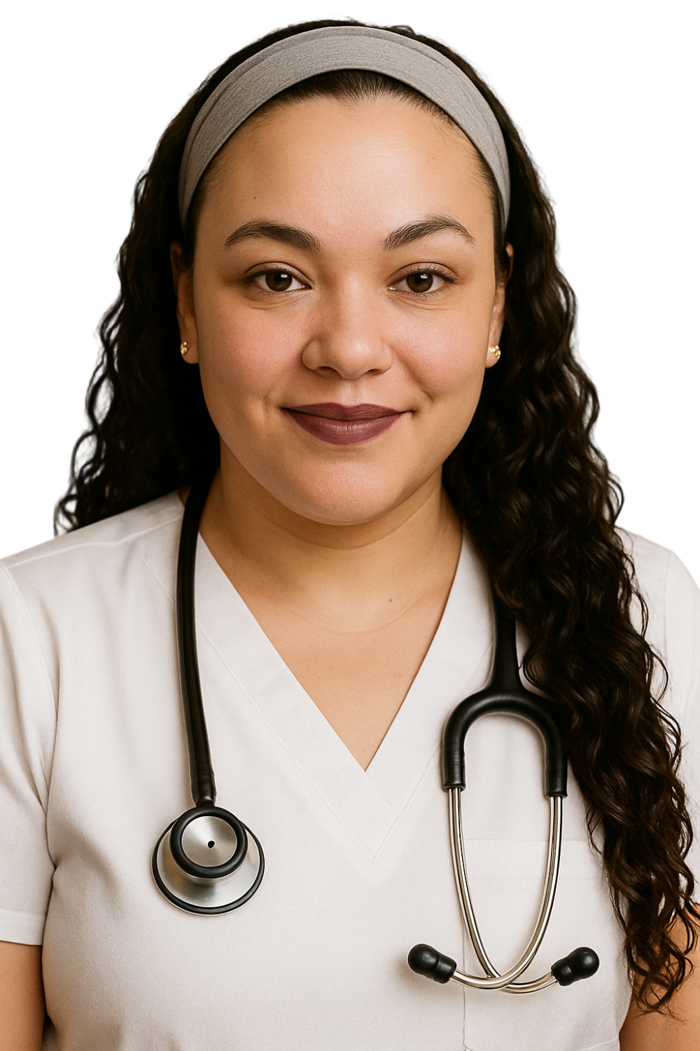 Person wearing a white coat with a stethoscope around their neck against a neutral background